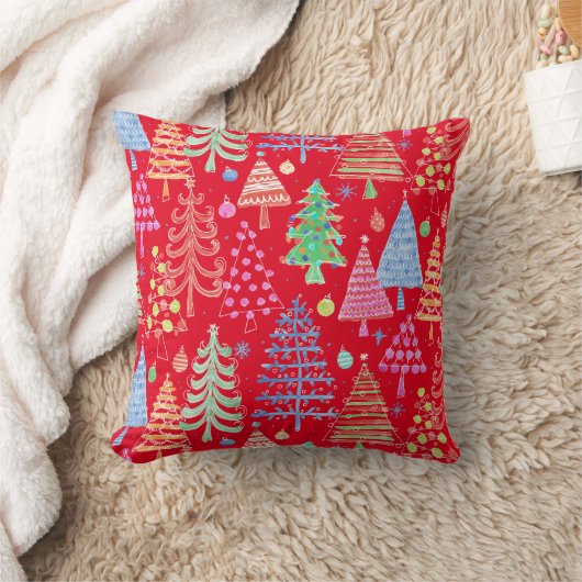 かわいいクリスマスツリー赤緑の青の柄 クッション (ブランケット)