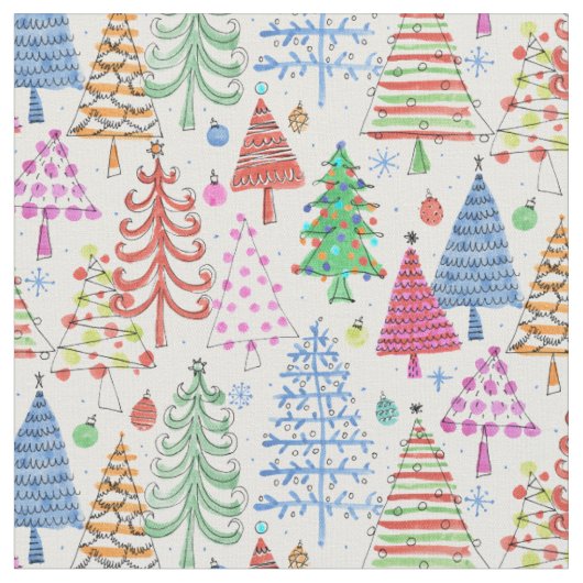 かわいいクリスマスツリー赤緑ピンク青の柄 ファブリック (クローズアップ)