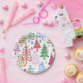 かわいいクリスマスツリー赤緑ピンク青の柄 ペーパープレート (パーティー)