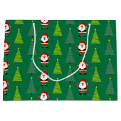 かわいいクリスマスツリー&サンタクロース柄グリーン ラージペーパーバッグ (正面)