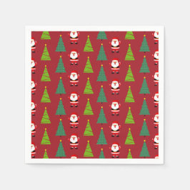 かわいいクリスマスツリー&サンタクロース柄レッド スタンダードカクテルナプキン