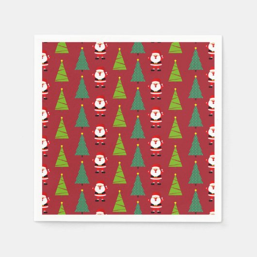 かわいいクリスマスツリー&サンタクロース柄レッド スタンダードカクテルナプキン (正面)