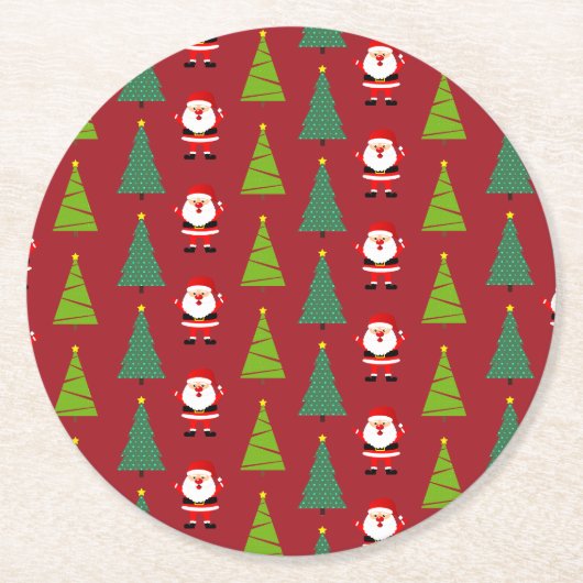 かわいいクリスマスツリー&サンタクロース柄レッド ラウンドペーパーコースター (正面)