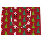 かわいいクリスマスツリー&サンタクロース柄レッド ラージペーパーバッグ (正面)