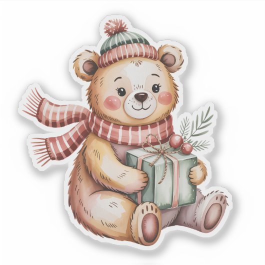 かわいいクリスマステディベア ギフトホルダー 水彩画 シール (正面)