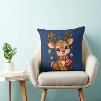 かわいいクリスマストナカイの赤いマフラー スロー クッション