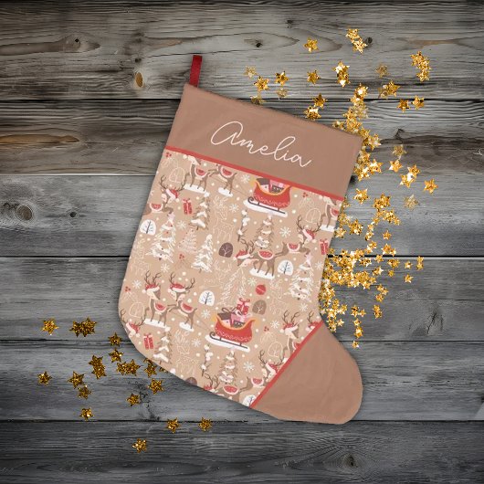 かわいいクリスマストナカイパーソナライズされたの柄 ラージクリスマスストッキング