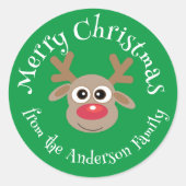 かわいいクリスマストナカイ漫画グリーンホワイトタイプ ラウンドシール (正面)