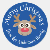かわいいクリスマストナカイ漫画ブルーホワイトタイプ ラウンドシール (正面)
