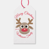 かわいいクリスマストナカイ赤いスクリプト名ホワイト ギフトタグ (正面)