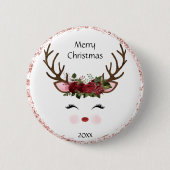 かわいいクリスマストナカイ赤いフローラボタン 缶バッジ (正面)