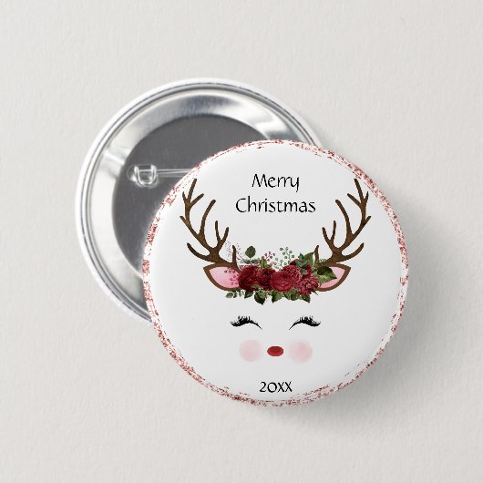 かわいいクリスマストナカイ赤いフローラボタン 缶バッジ (正面&裏面)