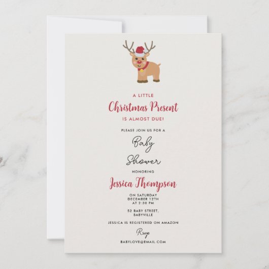 かわいいクリスマストナカイ12月ベビーシャワー 招待状 (正面)