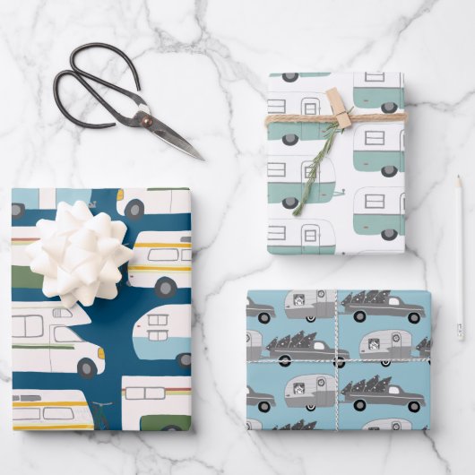 かわいいクリスマストレーラーRVsトラックカラフル休日 ラッピングペーパーシート (正面)