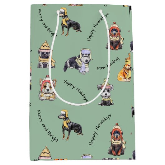 かわいいクリスマスドッグスのパター図解入りの、写真付きのンホリデー ミディアムペーパーバッグ (正面)