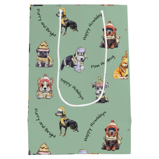 かわいいクリスマスドッグスのパター図解入りの、写真付きのンホリデー ミディアムペーパーバッグ (裏面)