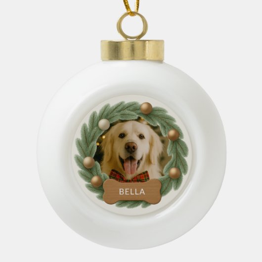 かわいいクリスマスドッグ写真リース名休日 セラミックボールオーナメント (正面)