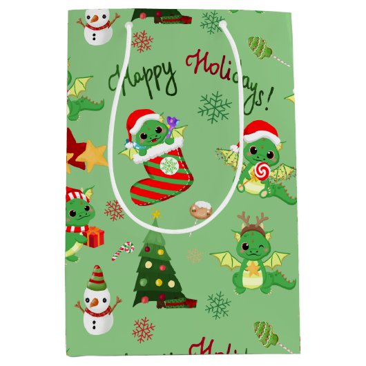 かわいいクリスマスドラゴンのハッピーホリデー ミディアムペーパーバッグ (正面)