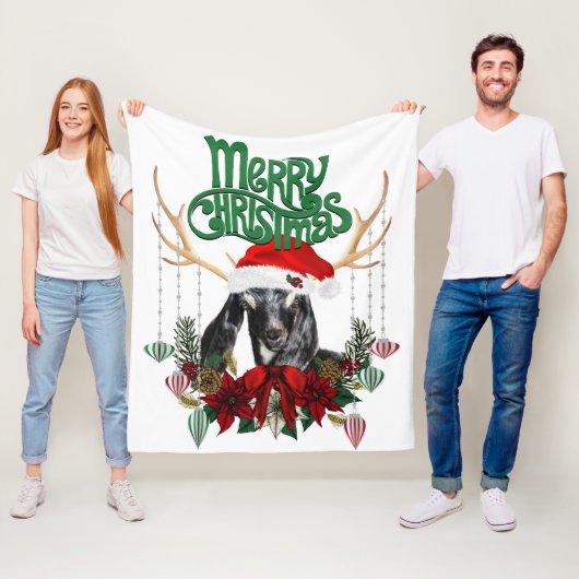 かわいいクリスマスヌビアンヤギと〔雄ジカの〕枝角とリース フリースブランケット (インサイチュ)