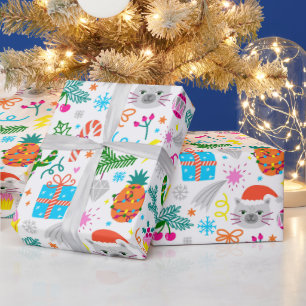 かわいいクリスマスネコのサボテンとパイナップル ラッピングペーパー