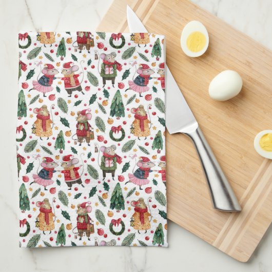 かわいいクリスマスネズミオンホワイト キッチンタオル (四つ折り)