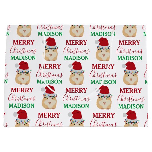 かわいいクリスマスハムスターおもしろい動物名前をカスタムする ラージペーパーバッグ (正面)