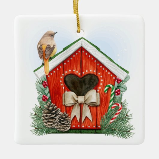 かわいいクリスマスバードハウス セラミックオーナメント (正面)