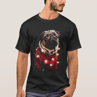 かわいいクリスマスパグのメガネサンタ帽子  festive  tシャツ