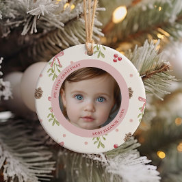 かわいいクリスマスパターンファーストクリスマスフォト セラミックオーナメント