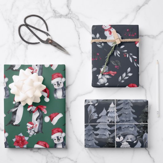 かわいいクリスマスパターンペンギンイラストレーションキッズ ラッピングペーパーシート (正面)