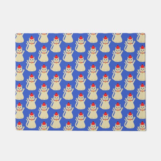 かわいいクリスマスパターン（の模様が）ある猫 ドアマット (正面)