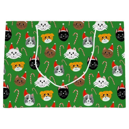 かわいいクリスマスパターン（の模様が）ある猫 ラージペーパーバッグ (正面)