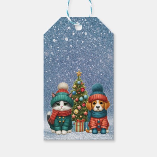 かわいいクリスマスパピー&子猫 ギフトタグ (正面)