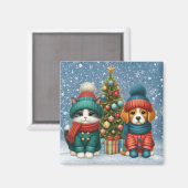 かわいいクリスマスパピー&子猫 マグネット (正面/裏面)