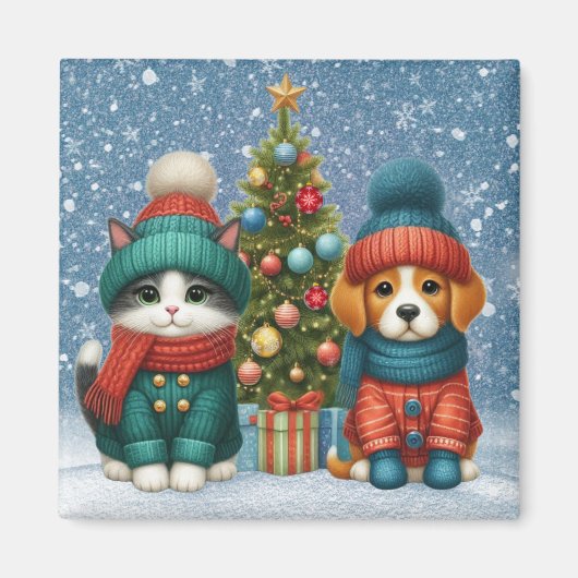 かわいいクリスマスパピー&子猫 マグネット (正面)