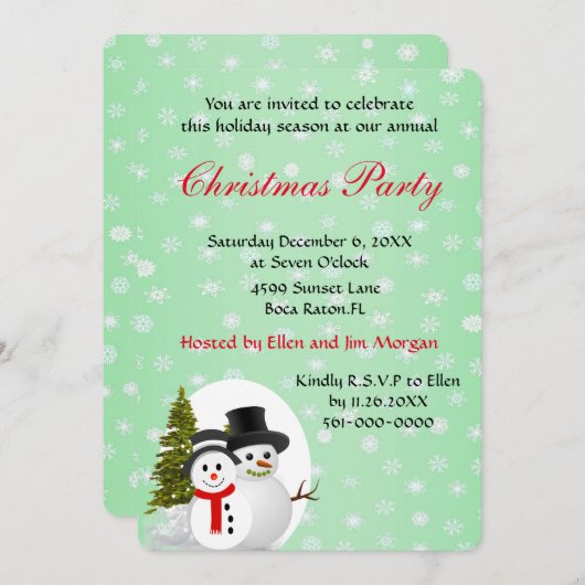かわいいクリスマスパーティの招待状と雪だるま 招待状 (正面/裏面)