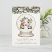 かわいいクリスマスパーティーの招待状 マウスがホットチョコレートで乾杯する雪の地球 招待状 (スタンド正面)