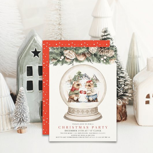 かわいいクリスマスパーティーの招待状 マウスがホットチョコレートで乾杯する雪の地球 招待状