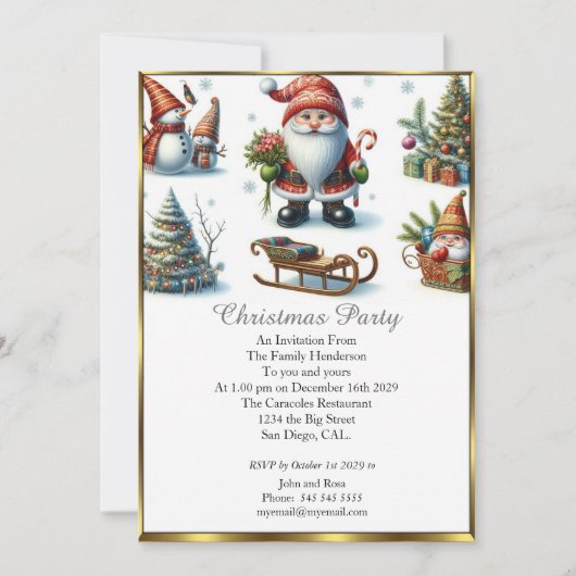 かわいいクリスマスパーティーサンタホワイトスノー 招待状 (正面)