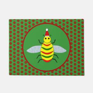 かわいいクリスマスビーとポインセチアの花 ドアマット