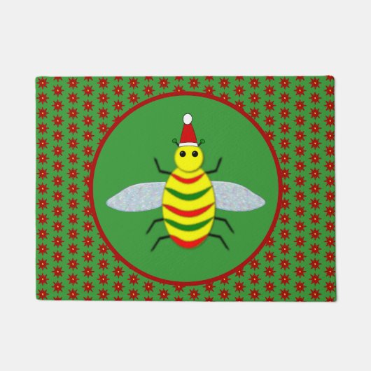かわいいクリスマスビーとポインセチアの花 ドアマット (正面)