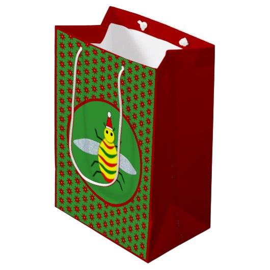 かわいいクリスマスビーとポインセチアの花 ミディアムペーパーバッグ (正面アングル)