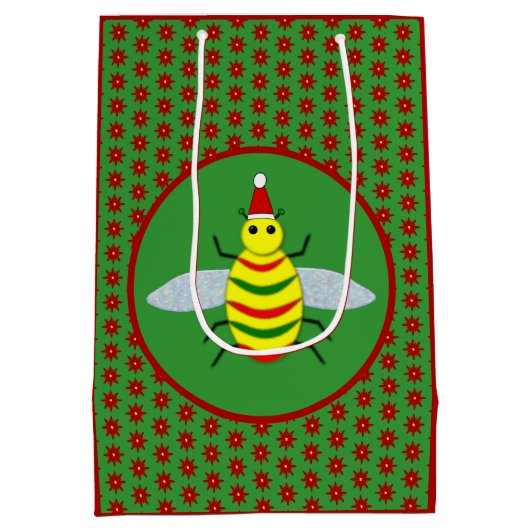 かわいいクリスマスビーとポインセチアの花 ミディアムペーパーバッグ (裏面)