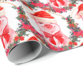 かわいいクリスマスピグホワイト&赤おもしろい水色 ラッピングペーパー (ロールコーナー)
