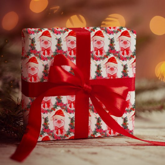 かわいいクリスマスピグホワイト&赤おもしろい水色 ラッピングペーパー