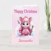 かわいいクリスマスピンクの冬のマウス シーズンカード (正面)
