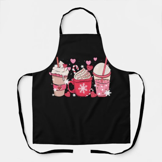 かわいいクリスマスピンクコーヒーとクリームカップラテメリーC エプロン (正面)