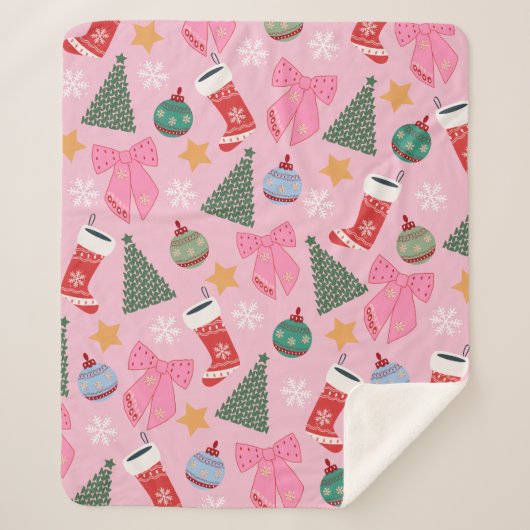 かわいいクリスマスピンク シェルパブランケット (正面)