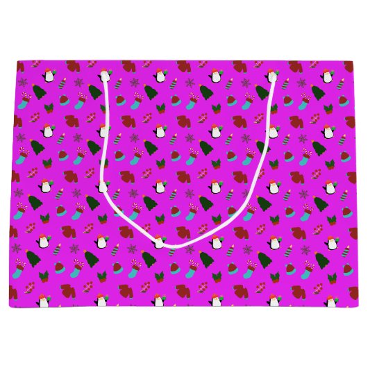 かわいいクリスマスピンク ラージペーパーバッグ (正面)