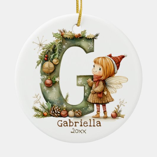 かわいいクリスマスフェアリーイニシャル「G」カスタム記念品 セラミックオーナメント (正面)